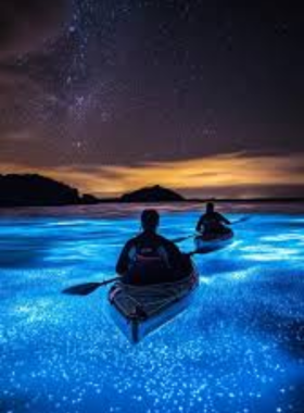 This image shows the breathtaking bioluminescent waters of Mosquito Bay, glowing vividly in shades of blue and green under the dark night sky. The water illuminates each paddle stroke, revealing the incredible natural beauty of the bay’s bioluminescence.