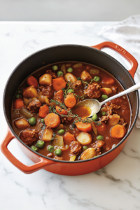 Chicken broth and diced potatoes being added to the pot, combining with seasoned vegetables to form the soup’s hearty base.