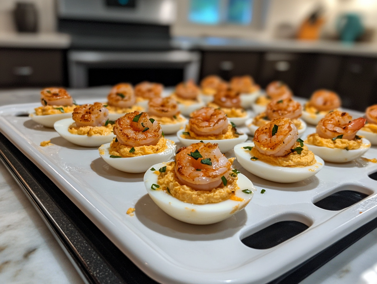 serving cajun shrimp deviled eggs on a platter with shrimp topping