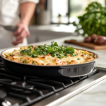 serving warm broccoli cheese casserole on white plate