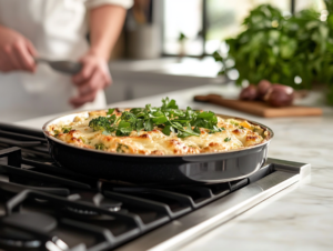 serving warm broccoli cheese casserole on white plate