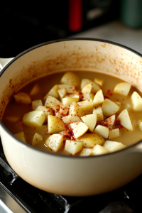 Soup simmering on medium-low with potatoes softening, as flavors meld together for a creamy, comforting chicken noodle soup.