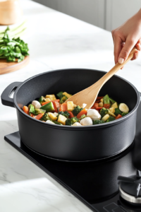 Chopped onions, carrots, celery, and mushrooms in a black pot on a white marble cooktop with rosemary, thyme, salt, and pepper added, garlic cloves set aside