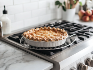 Cooling Classic Apple Pie with Crumble Topping Before Slicing