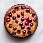A freshly baked vegan cranberry upside-down cake with golden brown crust and vibrant cranberries sitting on top. The cake is displayed on a white marble countertop with a clean, minimalistic background. The cranberries have a shiny, glistening appearance, making the cake look delicious and inviting.