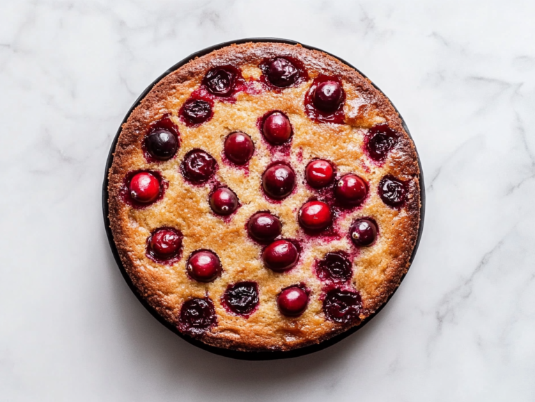 A freshly baked vegan cranberry upside-down cake with golden brown crust and vibrant cranberries sitting on top. The cake is displayed on a white marble countertop with a clean, minimalistic background. The cranberries have a shiny, glistening appearance, making the cake look delicious and inviting.