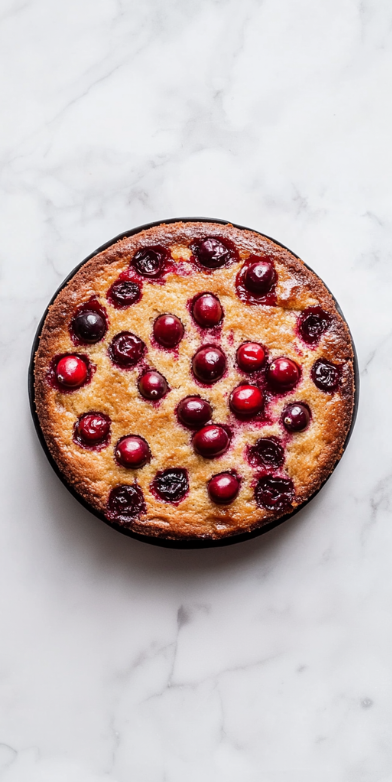 A freshly baked vegan cranberry upside-down cake with golden brown crust and vibrant cranberries sitting on top. The cake is displayed on a white marble countertop with a clean, minimalistic background. The cranberries have a shiny, glistening appearance, making the cake look delicious and inviting.