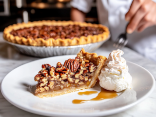 Serving Slices of Delicious Pecan Pie with Whipped Cream or Vanilla Ice Cream