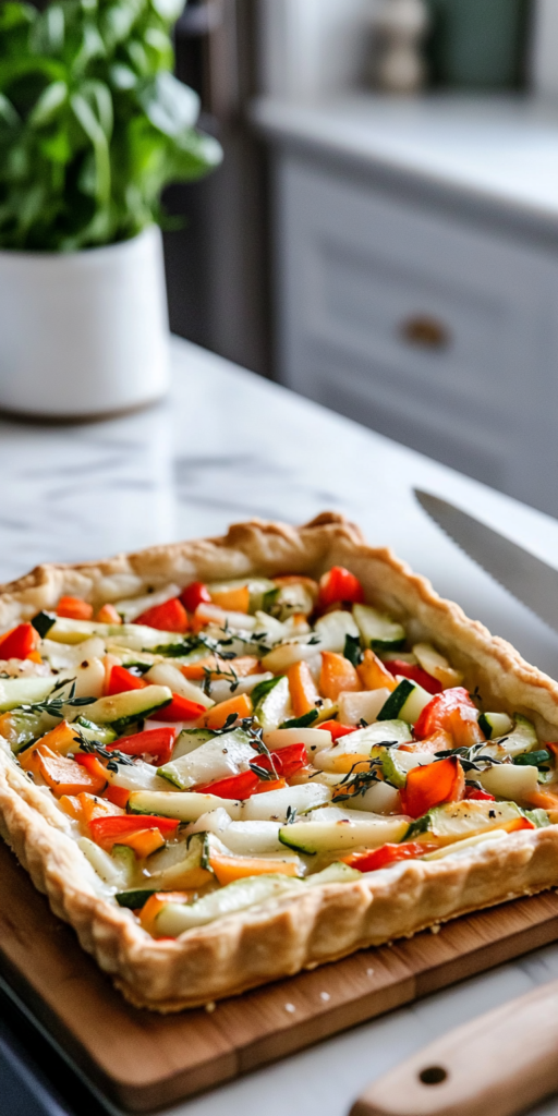 preparing three cheese sauce for roasted vegetable tart