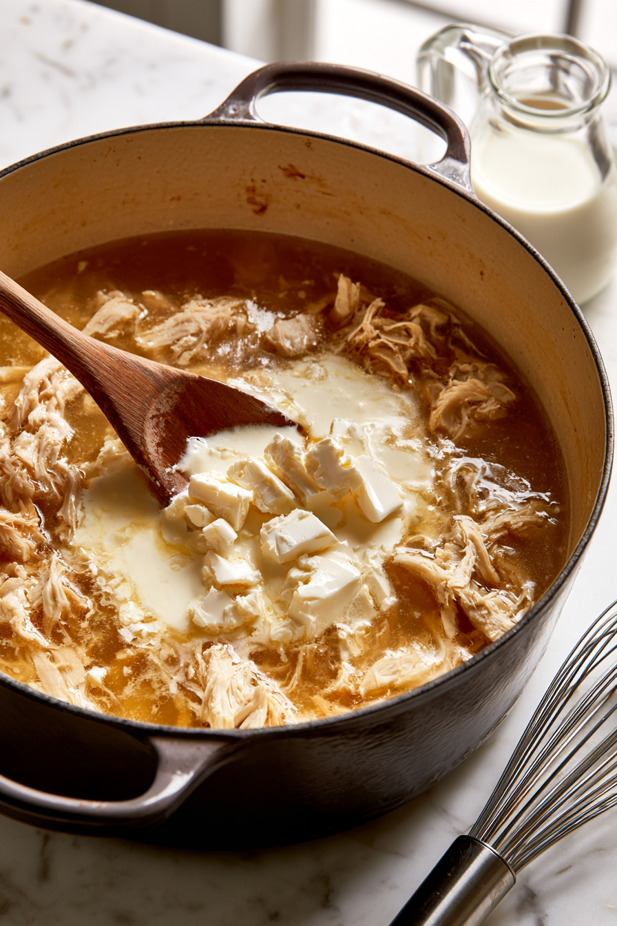 Add cream cheese in small chunks, stirring constantly until it melts smoothly into the broth