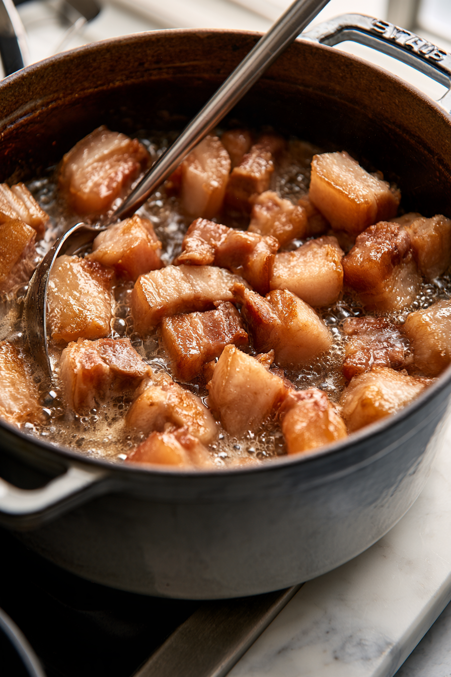 Fry the cold pork belly in batches until puffed and golden brown, about 2-3 minutes per batch