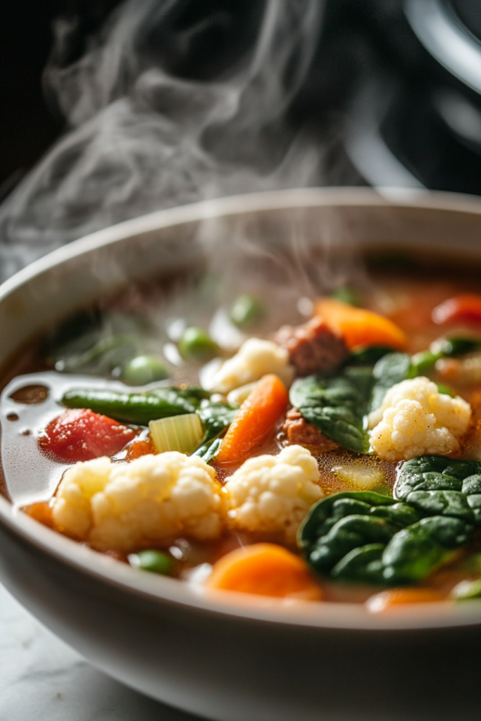 Close-up shot of a steaming bowl of keto vegetable soup served on the white marble cooktop, filled with a vibrant mix of tender cauliflower, green beans, carrots, spinach, and diced tomatoes in a rich, savory broth. The bowl is surrounded by subtle steam rising, showcasing the warmth and freshness of the dish.