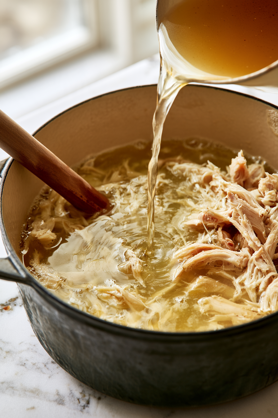 Pour in chicken broth and add shredded chicken