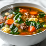 Close-up shot of a steaming bowl of keto vegetable soup served on the white marble cooktop, filled with a vibrant mix of tender cauliflower, green beans, carrots, spinach, and diced tomatoes in a rich, savory broth. The bowl is surrounded by subtle steam rising, showcasing the warmth and freshness of the dish.