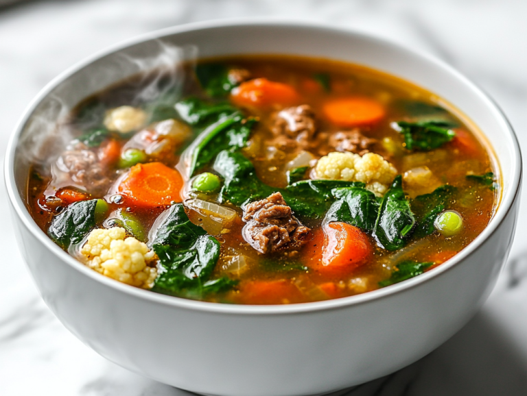 Close-up shot of a steaming bowl of keto vegetable soup served on the white marble cooktop, filled with a vibrant mix of tender cauliflower, green beans, carrots, spinach, and diced tomatoes in a rich, savory broth. The bowl is surrounded by subtle steam rising, showcasing the warmth and freshness of the dish.