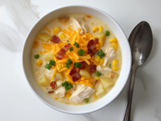 Served Chicken Corn Chowder with Toppings