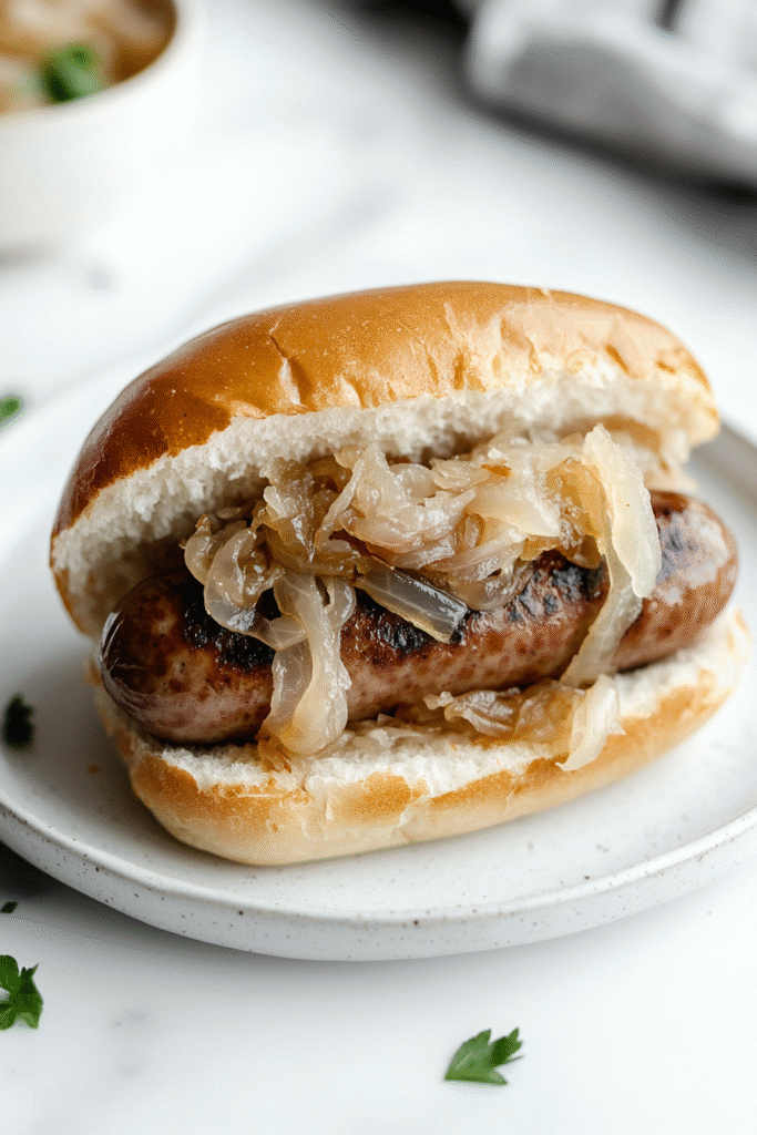 Bratwurst Burger with Beer Braised Onions & Kraut