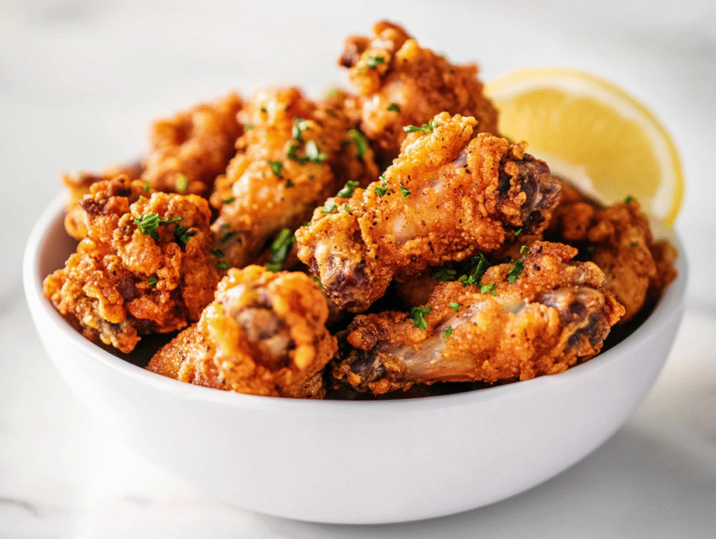 A top-down photo of perfectly cooked crispy chicken wings arranged in a white ceramic bowl on a clean white marble countertop. The wings are golden brown, garnished with finely chopped fresh herbs and a wedge of lemon. The image highlights the texture, color, and finished look of the air-fried wings, ready to serve.