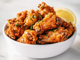 A top-down photo of perfectly cooked crispy chicken wings arranged in a white ceramic bowl on a clean white marble countertop. The wings are golden brown, garnished with finely chopped fresh herbs and a wedge of lemon. The image highlights the texture, color, and finished look of the air-fried wings, ready to serve.