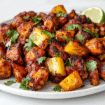 A beautiful Side view of the finished Al Pastor Chicken recipe, served on a white ceramic plate placed over a clean white marble countertop. The chicken is golden, slightly charred, and coated in rich spices, garnished with pineapple chunks and fresh herbs. This delicious dish captures the balance of smoky, sweet, and savory flavors.