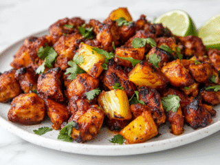 A beautiful Side view of the finished Al Pastor Chicken recipe, served on a white ceramic plate placed over a clean white marble countertop. The chicken is golden, slightly charred, and coated in rich spices, garnished with pineapple chunks and fresh herbs. This delicious dish captures the balance of smoky, sweet, and savory flavors.