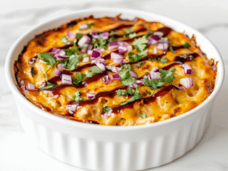 side view of a golden brown BBQ chicken dip served in a white ceramic baking dish. The bubbly cheese topping is perfectly melted and finished with a drizzle of BBQ sauce, chopped red onion, and fresh cilantro. The dish sits on a white marble surface and is ready to be served with chips or crackers.