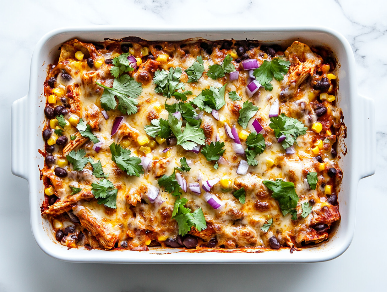 A top-down view of fully baked BBQ chicken nachos served on a white ceramic tray. The nachos are topped with golden melted smoked gouda cheese, juicy BBQ chicken, black beans, corn, chopped red onion, and fresh green cilantro. Everything sits over a bed of crispy tortilla chips, placed on a clean white marble countertop for a fresh and inviting look.