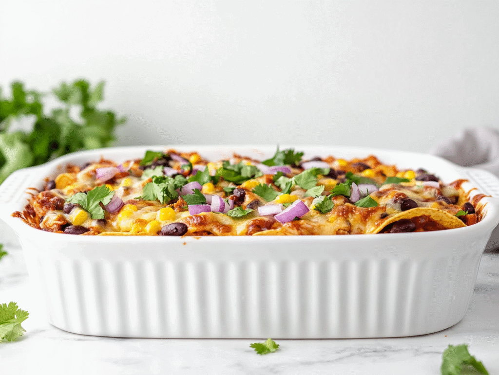 Side view of fully baked BBQ chicken nachos served on a white ceramic tray. The nachos are topped with golden melted smoked gouda cheese, juicy BBQ chicken, black beans, corn, chopped red onion, and fresh green cilantro. Everything sits over a bed of crispy tortilla chips, placed on a clean white marble countertop for a fresh and inviting look.