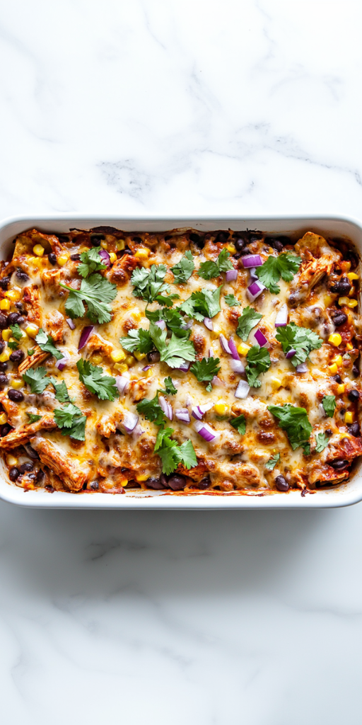 A top-down view of fully baked BBQ chicken nachos served on a white ceramic tray. The nachos are topped with golden melted smoked gouda cheese, juicy BBQ chicken, black beans, corn, chopped red onion, and fresh green cilantro. Everything sits over a bed of crispy tortilla chips, placed on a clean white marble countertop for a fresh and inviting look.