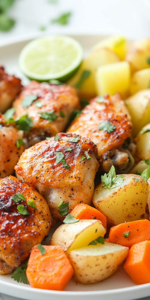 Side shot of a beautifully plated dish featuring golden and crispy baked chicken wings served with diced potatoes, carrots, and a vibrant cilantro garnish. Lime slices add a fresh touch to the dish. The setting is clean and simple, on a white marble countertop, highlighting the colorful ingredients and the succulent chicken wings.