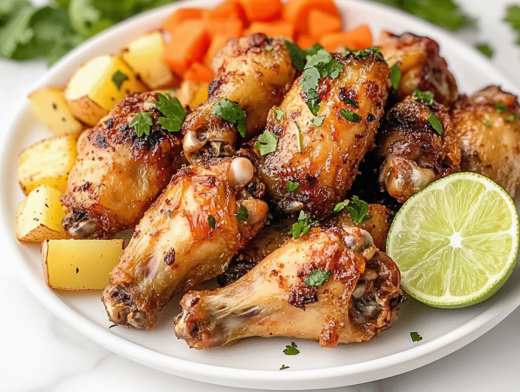 Side shot of a beautifully plated dish featuring golden and crispy baked chicken wings served with diced potatoes, carrots, and a vibrant cilantro garnish. Lime slices add a fresh touch to the dish. The setting is clean and simple, on a white marble countertop, highlighting the colorful ingredients and the succulent chicken wings.