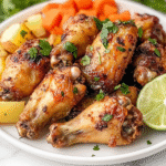 Side shot of a beautifully plated dish featuring golden and crispy baked chicken wings served with diced potatoes, carrots, and a vibrant cilantro garnish. Lime slices add a fresh touch to the dish. The setting is clean and simple, on a white marble countertop, highlighting the colorful ingredients and the succulent chicken wings.