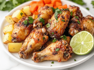 Side shot of a beautifully plated dish featuring golden and crispy baked chicken wings served with diced potatoes, carrots, and a vibrant cilantro garnish. Lime slices add a fresh touch to the dish. The setting is clean and simple, on a white marble countertop, highlighting the colorful ingredients and the succulent chicken wings.