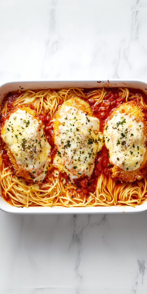 A delicious top-down view of freshly baked chicken parmesan served in a clear glass baking dish, set on a clean white marble countertop. The golden brown breaded chicken breasts are topped with rich red spaghetti sauce and melted mozzarella cheese, finished with a sprinkle of Parmesan. The image captures the finished dish in an inviting and appetizing presentation that highlights the comforting textures and flavors of the recipe. The scene is simple and clean with a clear focus on the cheesy, saucy topping and crisp breadcrumb coating, perfect for showcasing a classic Italian-inspired meal.