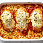 A delicious top-down view of freshly baked chicken parmesan served in a clear glass baking dish, set on a clean white marble countertop. The golden brown breaded chicken breasts are topped with rich red spaghetti sauce and melted mozzarella cheese, finished with a sprinkle of Parmesan. The image captures the finished dish in an inviting and appetizing presentation that highlights the comforting textures and flavors of the recipe. The scene is simple and clean with a clear focus on the cheesy, saucy topping and crisp breadcrumb coating, perfect for showcasing a classic Italian-inspired meal.