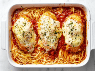 A delicious top-down view of freshly baked chicken parmesan served in a clear glass baking dish, set on a clean white marble countertop. The golden brown breaded chicken breasts are topped with rich red spaghetti sauce and melted mozzarella cheese, finished with a sprinkle of Parmesan. The image captures the finished dish in an inviting and appetizing presentation that highlights the comforting textures and flavors of the recipe. The scene is simple and clean with a clear focus on the cheesy, saucy topping and crisp breadcrumb coating, perfect for showcasing a classic Italian-inspired meal.