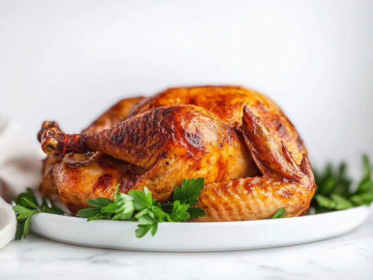 A beautifully roasted whole turkey is placed on a white ceramic serving tray atop a white marble countertop. The golden crispy skin, lightly brushed with olive oil and flavored butter, showcases a tender and juicy finish. The turkey is cooked to perfection and garnished with herbs, ready to be carved and served.