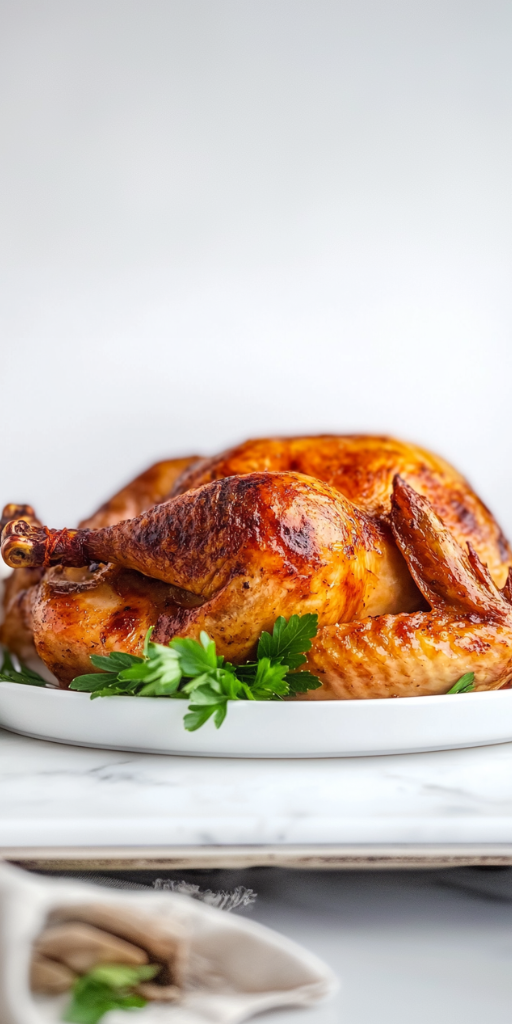 A beautifully roasted whole turkey is placed on a white ceramic serving tray atop a white marble countertop. The golden crispy skin, lightly brushed with olive oil and flavored butter, showcases a tender and juicy finish. The turkey is cooked to perfection and garnished with herbs, ready to be carved and served.