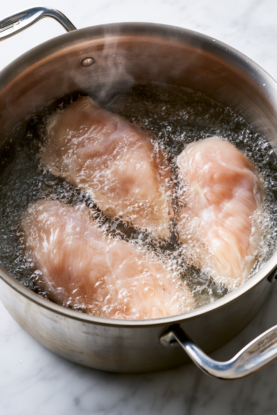 Boil the chicken breasts until cooked through, then shred with forks