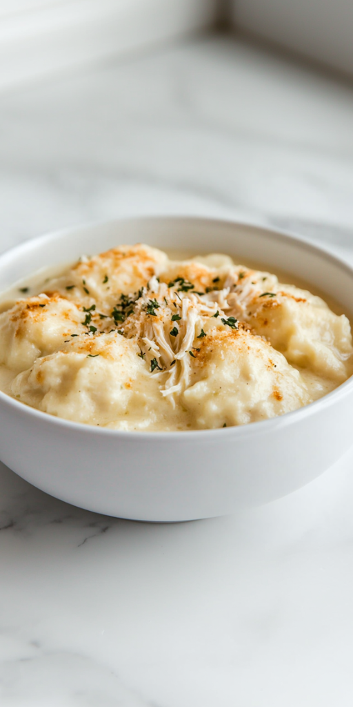 side view of the finished dish showing a white ceramic bowl filled with creamy chicken and biscuit dumplings. The golden, fluffy dumplings are sitting in a thick, savory broth that’s rich with shredded chicken. The bowl is placed on a clean white marble countertop with a minimal background to highlight the comforting appeal of this classic recipe.