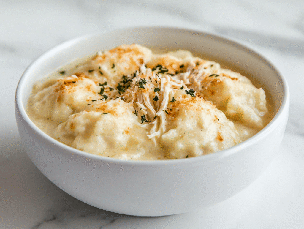 side view of the finished dish showing a white ceramic bowl filled with creamy chicken and biscuit dumplings. The golden, fluffy dumplings are sitting in a thick, savory broth that’s rich with shredded chicken. The bowl is placed on a clean white marble countertop with a minimal background to highlight the comforting appeal of this classic recipe.