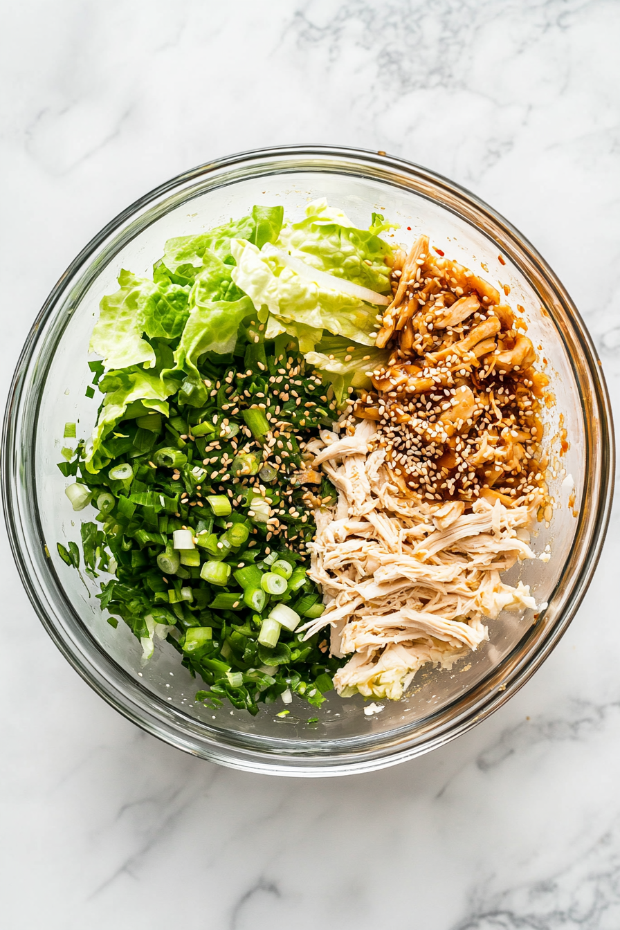Combine Lettuce, Chicken, Green Onions, and Sesame Seeds