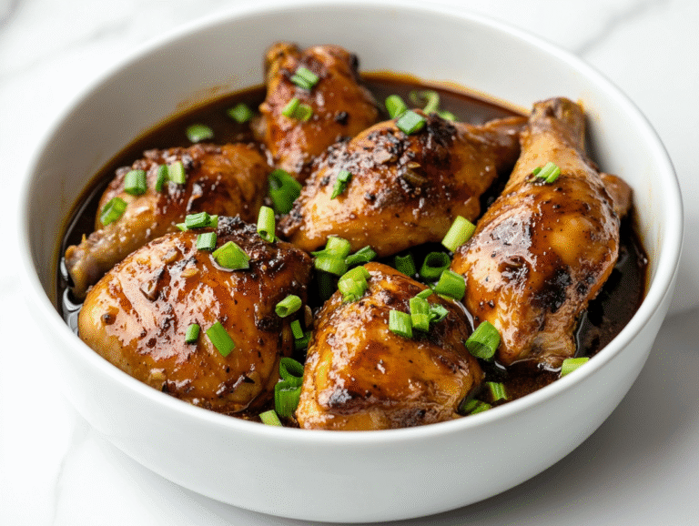 side view of the finished Filipino chicken adobo served in a clean white ceramic bowl. The chicken pieces are tender and glazed in a rich, dark brown sauce, generously garnished with freshly sliced green onions. The bowl is placed on a white marble countertop with a minimalistic setup, perfect for showcasing the vibrant, caramelized texture of the dish and making it appealing for any food enthusiast or home cook.