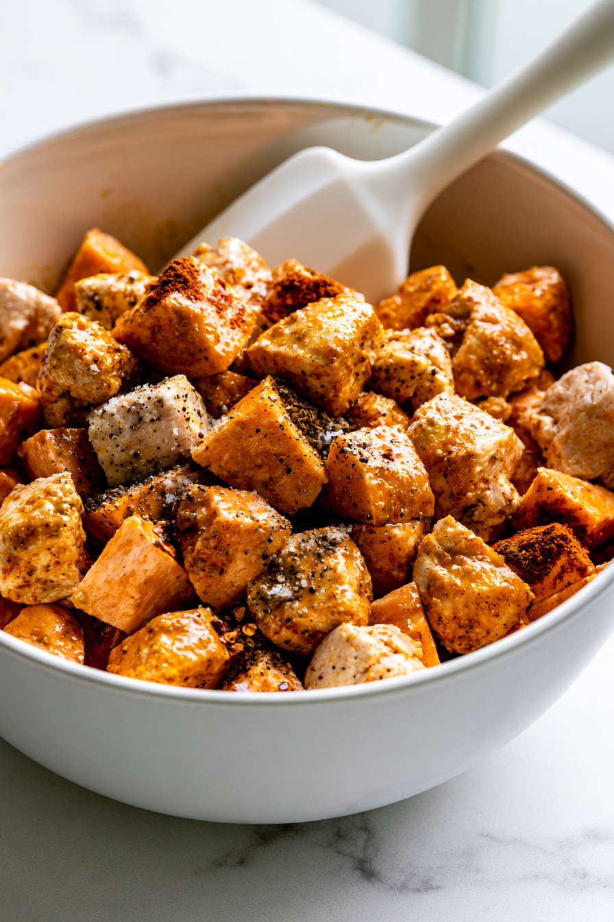.In a mixing bowl, toss the chicken and sweet potatoes