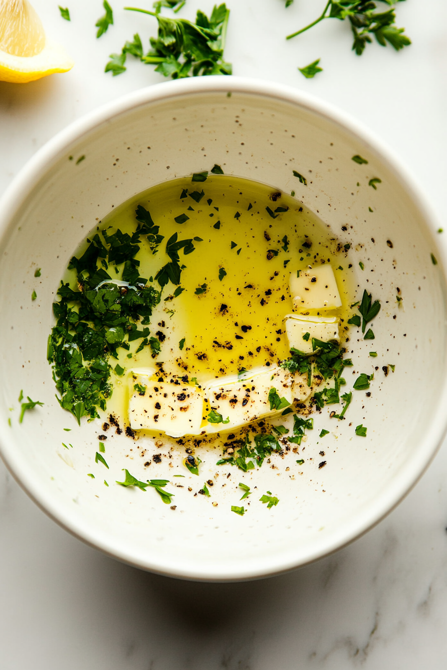 Mix butter, olive oil, lemon juice, zest, garlic, parsley, salt, and pepper