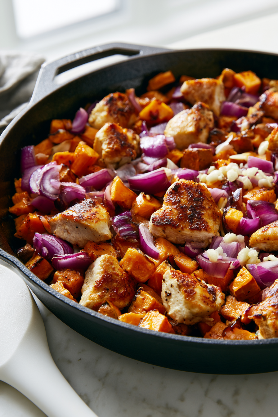 Once the potatoes are almost done, add the chicken we cooked and minced garlic to the skillet