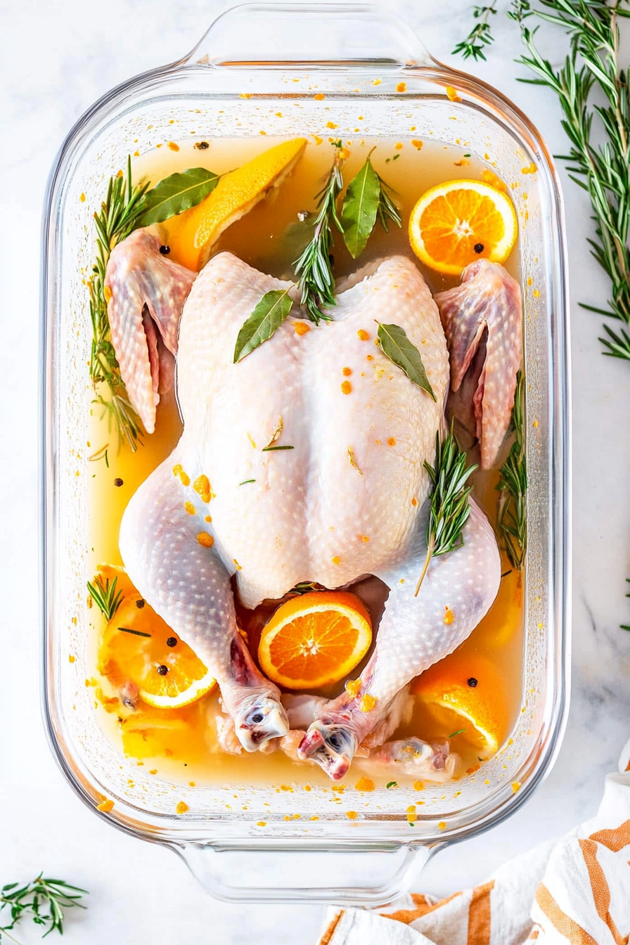 Place the turkey in the brining container and pour the brine over it, making sure the bird is fully submerged
