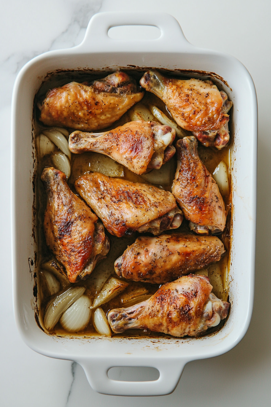Place wings in a baking dish and top with chopped onions