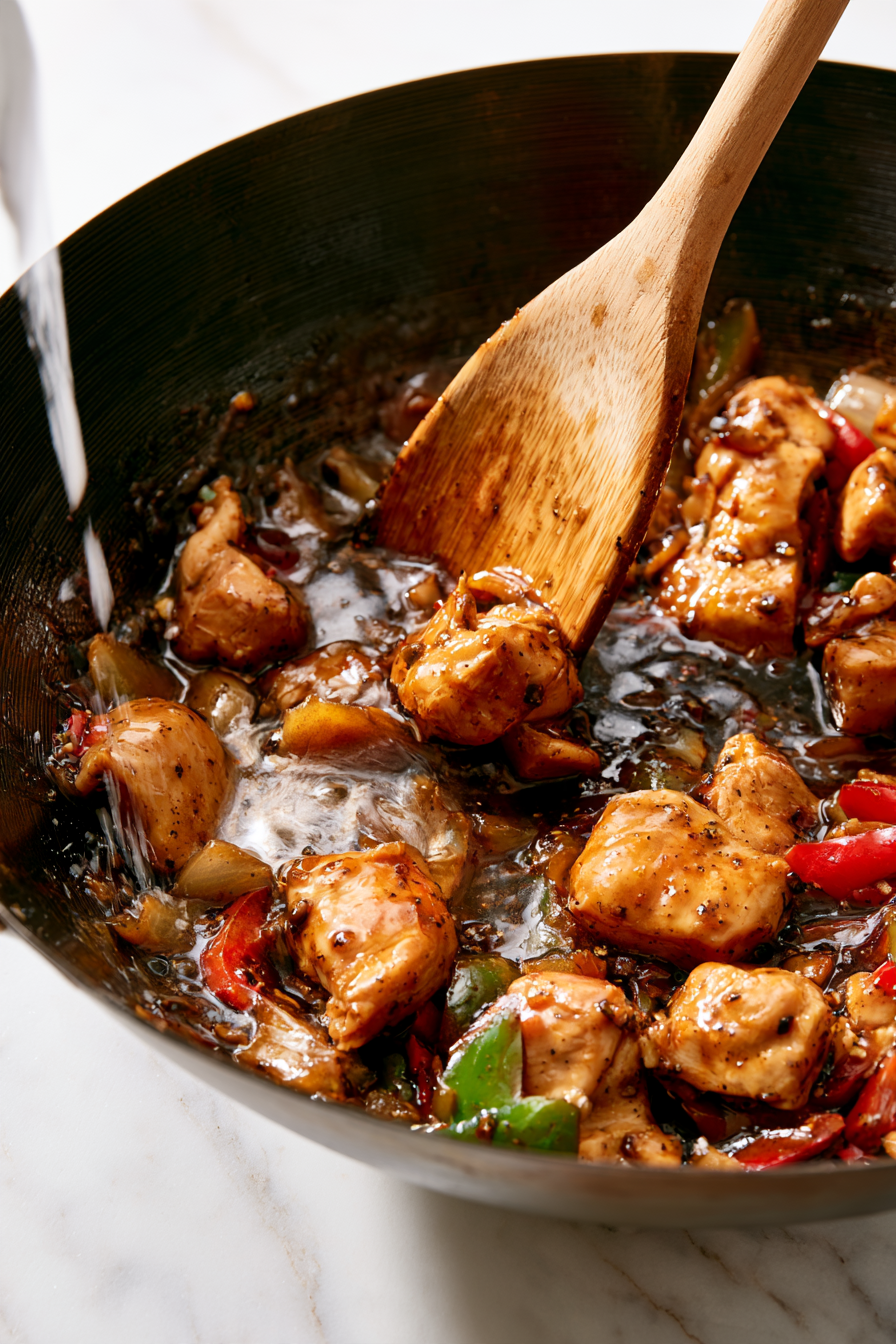 Return chicken to the wok, pour in the sauce, and stir well