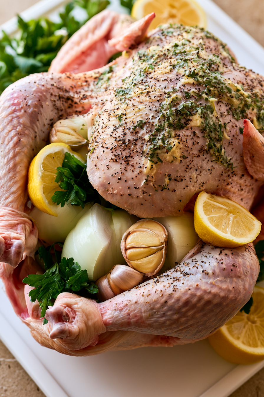 Stuff the cavity with onion, garlic, parsley, and lemon.